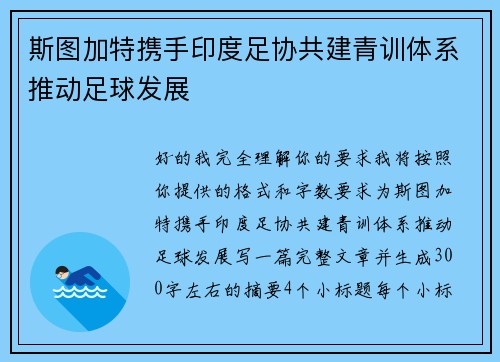 斯图加特携手印度足协共建青训体系推动足球发展 斯图加特携手印度足协共建青训体系推动足球发展